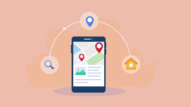 Flat vector animation showing a smartphone map interface connected to location, search, and home icons for navigation, address discovery, and local services.