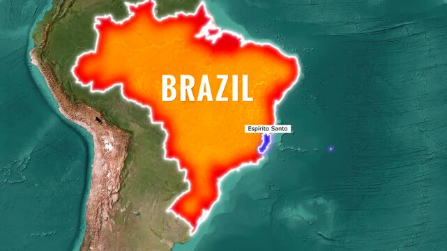 Map animation zooming into Espirito Santo state in Brazil