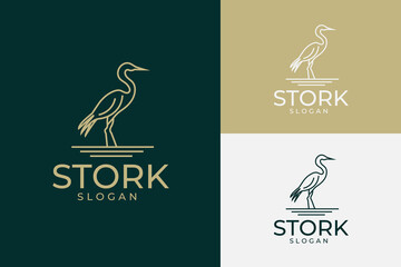 Fototapeta premium Heron Stork Bird Line Art Logo Minimalist Water Lake Silhouette Vector