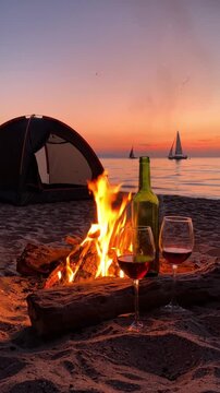 Bonfire and wine glasses on beach at sunset, camping tent and sailboats on sea, romantic evening