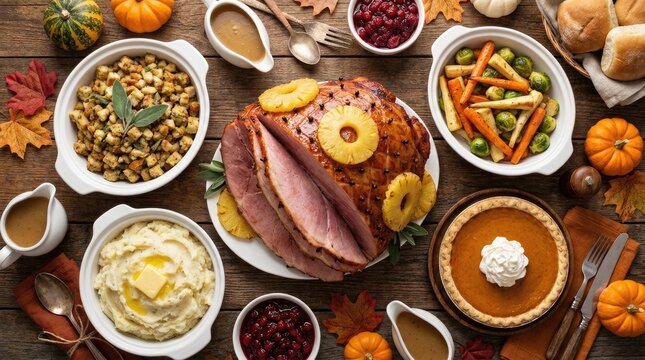 A festive thanksgiving dinner table spread featuring a glazed ham pumpkin pie and various traditional holiday side dishes