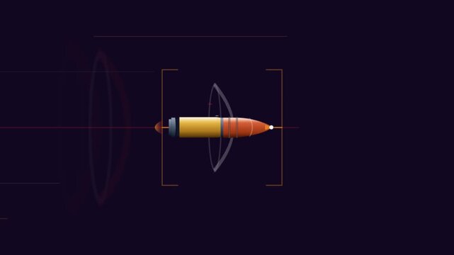 Minimalist graphic illustration of a spacecraft traveling through deep space with motion lines.