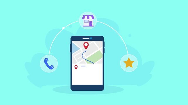 Flat vector animation showing a smartphone map connected to local store, phone, and rating icons for location services, navigation, and local business discovery.