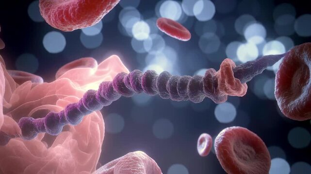 Long segmented spiral bacterium pathogen swimming and slithering among red blood cells in bloodstream with floating organic tissue and bokeh background