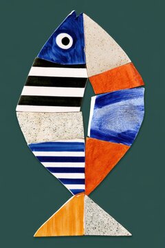 Colorful ceramic fish mosaic with blue eye and striped tiles on dark green background for design poster card and background