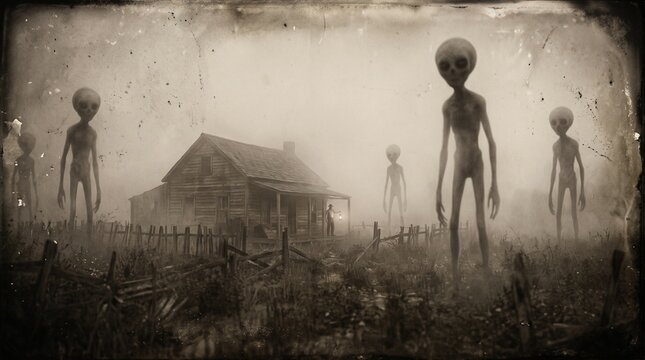 Vintage sepia photo of tall grey alien figures standing in foggy farm field surrounding rustic wooden farmhouse while farmer holds lantern in horror encounter