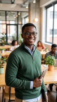 A smiling young Black man wearing glasses and a green sweater, holding a tablet in a modern co-working office.
