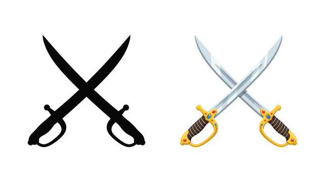 Crossed pirate sabers depicted as a black silhouette and colored illustration