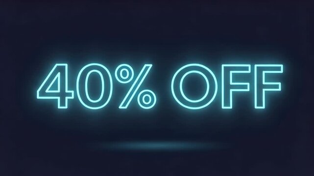 Glowing cyan 40% off sale text with a soft pulsing neon effect on a dark navy background, ideal for ecommerce promotions, retail advertising, discounts and special offers.