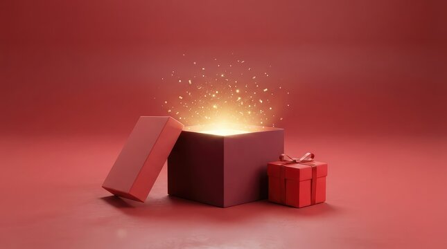 Open red gift box with magical glowing sparkles coming from inside on a solid red background