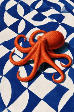 Orange octopus on blue geometric tile pattern background for marine concept, coastal summer poster design and decorative background