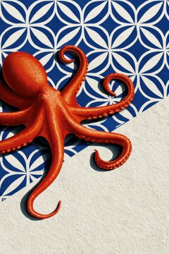 Orange octopus on blue tile floral geometric pattern for summer poster design and decorative marine background with bold colors
