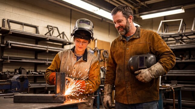 Welding teacher student workshop sparks protective gear vocational training metal an instructor watches a student weld at a bench for school brochures and teacher appreciation posts