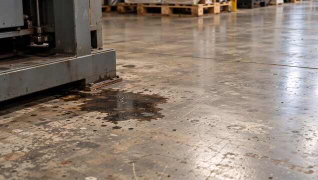 Concrete warehouse floor with dark oil stain and scattered debris. Industrial interior showing signs of wear and tear. Reflective surface with visible lines and patches. Wide shot