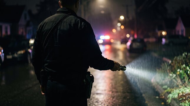 Police officer with flashlight on night patrol