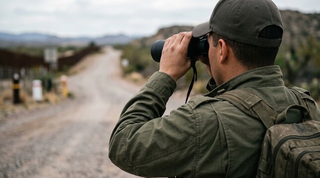 Man surveying arid borderland with binoculars