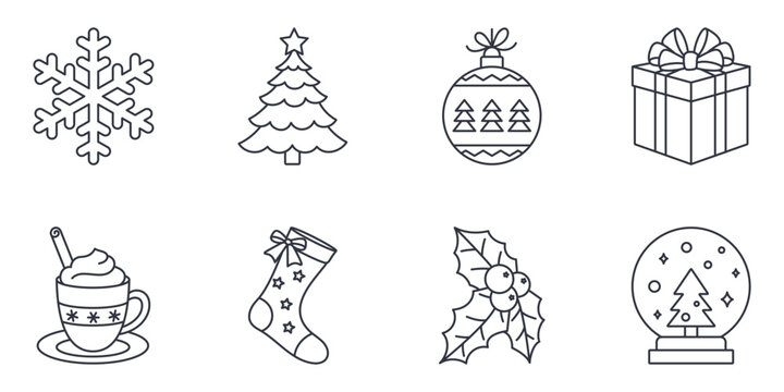 Christmas line icons set. Editable stroke vector symbols. Snowflake, Christmas tree, ornament, gift box, hot drink, stocking, holly and snow globe illustrations for winter holiday and Xmas celebration