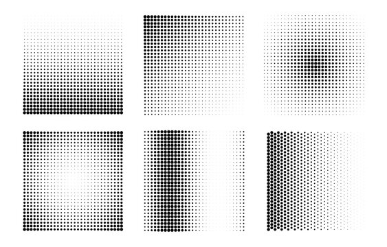Halftone dot gradient vector set. Abstract dotted square patterns with different radial, linear and corner fade effects. Black geometric texture elements for backgrounds, printing and graphic design