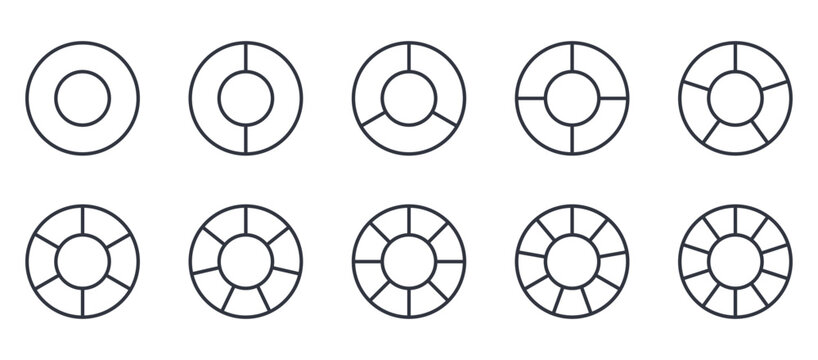 Circular segment line icons. Editable stroke vector set with round shapes divided into different number of sections. Geometric circle diagrams for infographic, chart, process, cycle data visualization