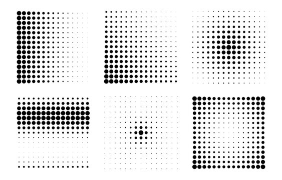 Halftone circle vector set. Abstract dot patterns with different gradient, radial, edge and corner effects. Black geometric dotted textures with varying size and density for backgrounds and graphic
