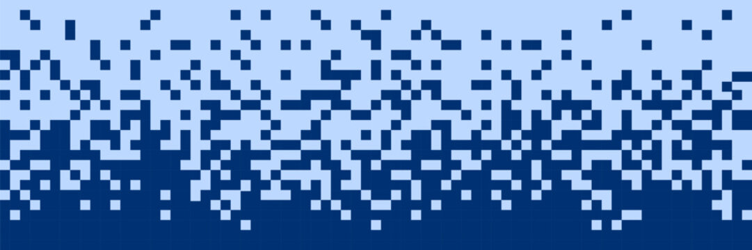 Blue pixel dissolve vector background. Abstract digital dispersion effect made of geometric squares. Pixelated mosaic fade transition for technology, data, gaming and modern graphic design