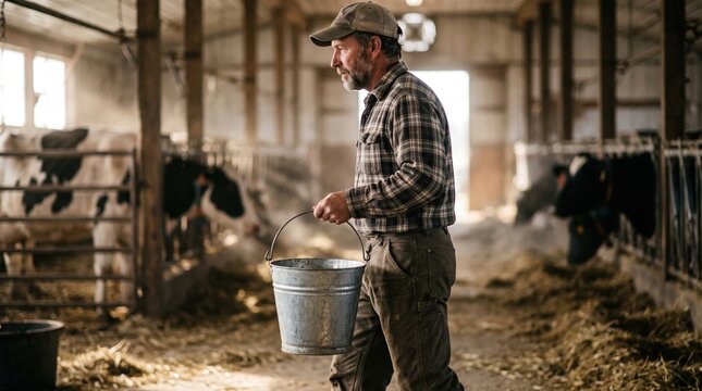 Hardworking farmer tending to cattle in barn