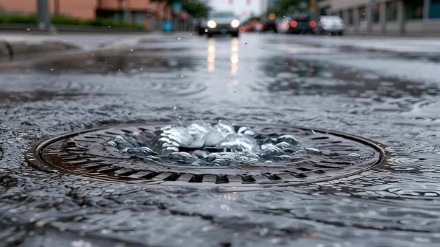 Rainwater powerfully bubbling up from a city storm drain during a heavy downpour, causing flooding on the street with traffic visible in the blurred background on a gloomy, overcast day