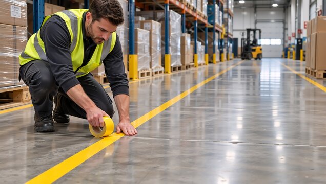 A male worker in a high-visibility yellow vest kneels to apply bright yellow floor marking tape in a warehouse aisle with tall stacked shelves and a forklift in the background