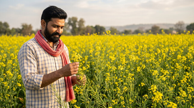 indian male farmer examining yellow mustard sarson crop production yield for agricultural export and government subsidy banner poster design
