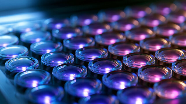 Microplate wells glowing with assay results highlighting medicinal chemistry screening analytics and pharmaceutical innovation