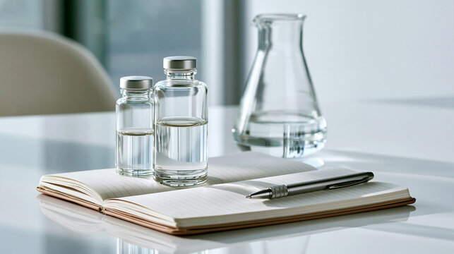 Minimal pharmaceutical research desk with vials and notebook styled for medicinal chemistry clean science and refined editorial research