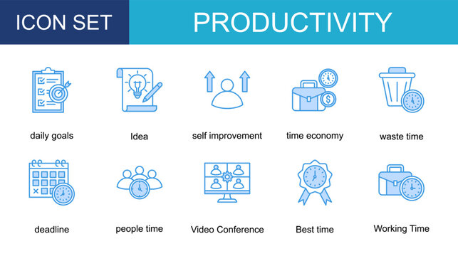 productivity icon collection set. with daily goals,Idea,self improvement,time economy,waste time,deadline,people time