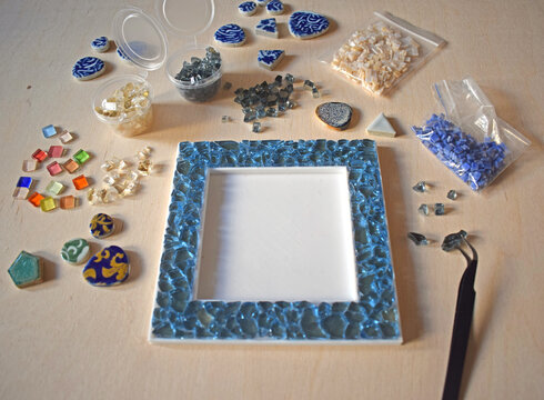 Mosaic tools, frame and glass pieces