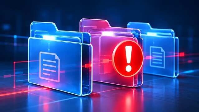 Glowing digital folders showing a red warning exclamation mark indicating corrupted data detection or cyber security system threat