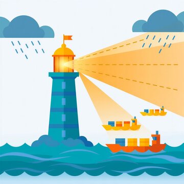 A illustration of a lighthouse in the sea.