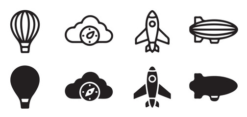 Aviation set containing hot air balloon cloud rocket and airship vector in outline and solid versions. © Ripon