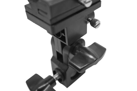 Close-up of the lower section of a black camera flash bracket mount, showing the adjustment knobs and tilt mechanism, isolated on a white background.