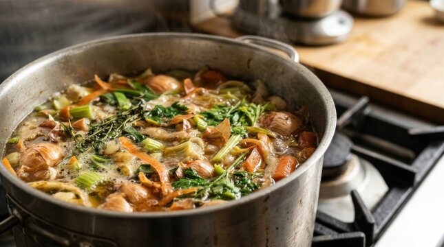 Hearty Vegetable Stew Simmering in a Pot on a Stove