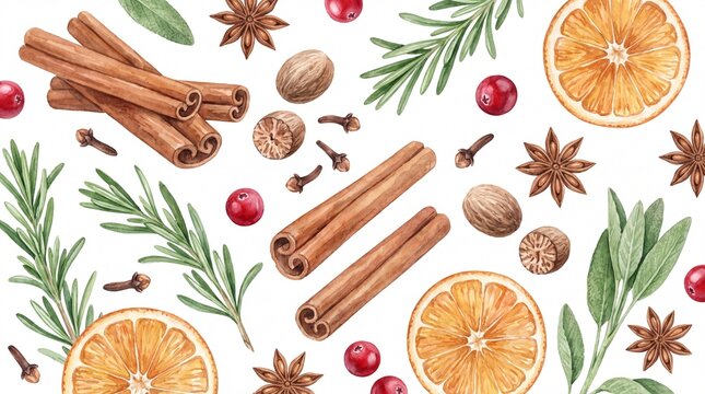 Watercolor Christmas spices and holiday ingredients, festive winter food illustration, aromatic cinnamon sticks, dried orange slices, star anise, nutmeg, cloves, cranberries
