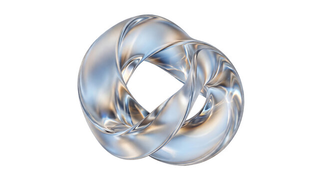 Metallic mobius knot 3D abstract object, chrome twisting infinite loop geometric shape, silver glossy torus for modern design concept