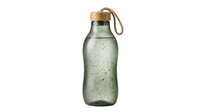 Eco-friendly reusable glass water bottle with wooden cap, green clear flask with carrying loop rope, isolated zero waste drinkware
