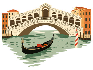 Hand drawn illustration of the iconic Rialto Bridge over the Grand Canal in Venice, Italy, with a traditional gondola boat on the water and surrounding buildings, isolated on white background © Алла Машичева