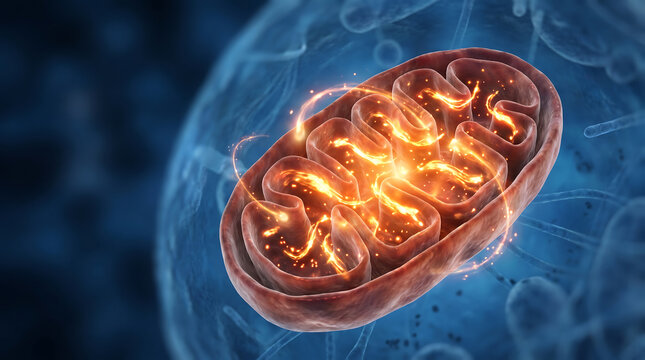 Glowing mitochondria producing energy in human cell macro illustration.