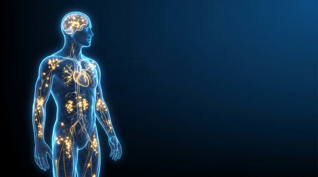 Futuristic wireframe hologram of human body showing internal cellular energy distribution