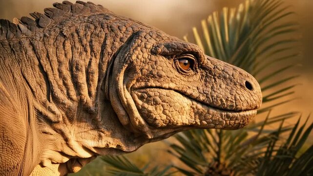 Prehistoric reptile dinosaur with textured scaly skin looking around among cycad palm trees at sunset in jurassic wilderness