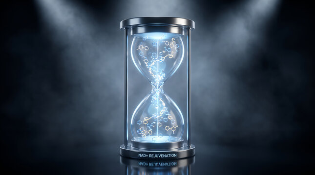 Futuristic hourglass with glowing molecules flowing upward symbolizing cellular age reversal