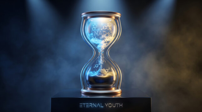 Futuristic hourglass with glowing molecules flowing upward symbolizing cellular age reversal