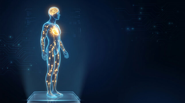 Futuristic wireframe hologram of human body showing internal cellular energy distribution