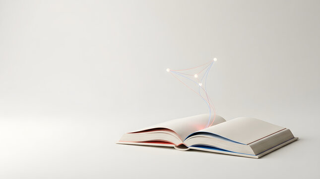 Open book with glowing nodes and lines symbolizing digital knowledge and education technology