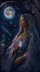 Fototapeta premium Mystical celestial woman holding crystal lantern beneath a full moon